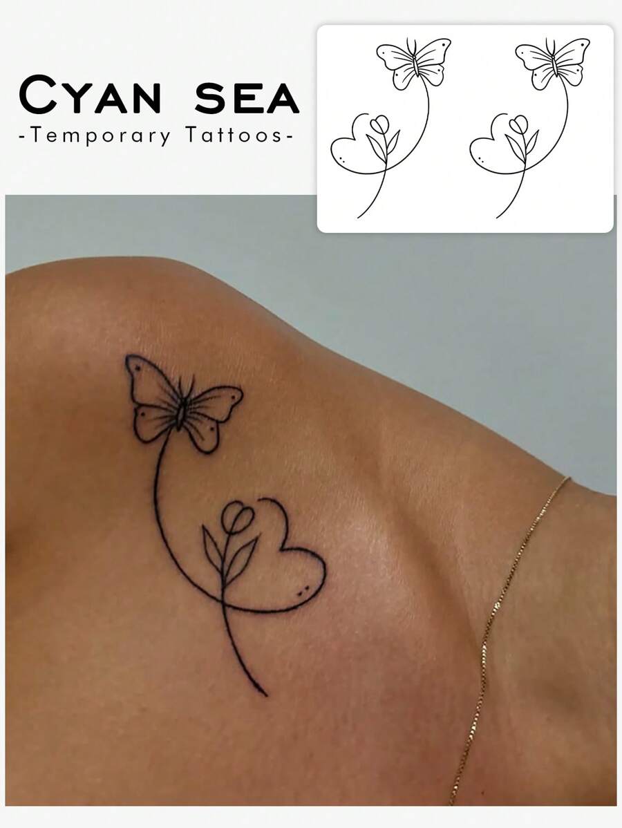 1pc Black Line Tulip & Butterfly Temporary Tattoo Sticker, Waterproof Sweat-Resistant Washable Faux Tattoo, Suitable For Fashion People - Black - View 1