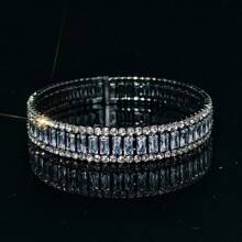 1 件多层方形超闪亮合成方晶锆石手链，奢华高端人造珍珠腕饰，适合送礼、日常、聚会、约会、婚礼和宴会 - 槍黑色 - 查看 12