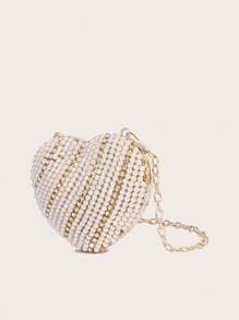 Women Mini Evening Bag, Luxury Pearl & Rhinestone Decor, Clutch Handbag, Shoulder Bag, Heart-Shaped Crossbody, Fashion Banquet Bag, 2024 New Design - Gold - View 1