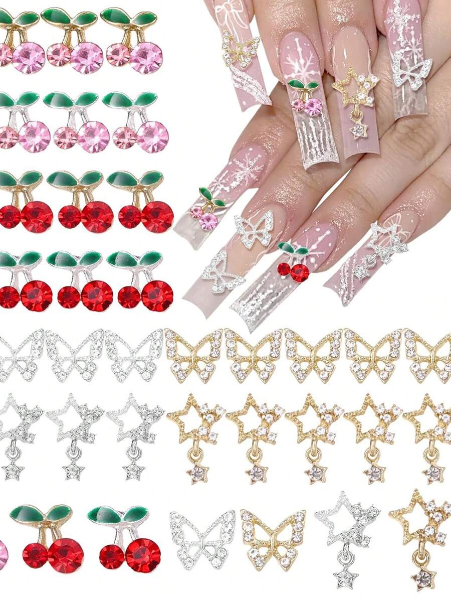 40Pcs Alloy Nail Gems Charms, Silver Gold 3D Butterfly Dangle Star Nail Rhinestones Charms Pink Red Cherry Shiny Diamond Nail Supplies Nail Charms - Multicolor - View 1