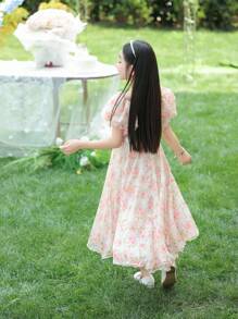 女童碎花裙公主裙海边超美儿童裙子时尚长裙沙滩裙，裙子非常高贵典雅，穿上它回头率超高 - 粉色 - 查看 2