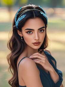 Diadema de estilo chino hecha a mano de hoja azul con decoración de rhinestones de moda - Agua verde azul - Ver 6