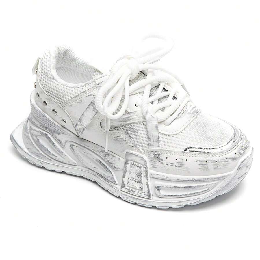 Fashionable Distressed Thick Sole Casual Sneakers - White - View 1