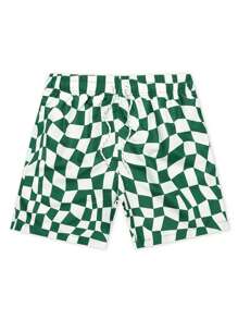 Men's Checkered Print Drawstring Waist Casual Beach Shorts - Green - View 1