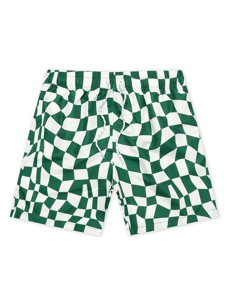 Men's Checkered Print Drawstring Waist Casual Beach Shorts - Green - View 1