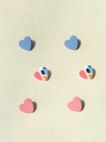 3 Pairs Acrylic Glazed Printed Heart Earrings, Romantic For Girls, Blue And Pink
