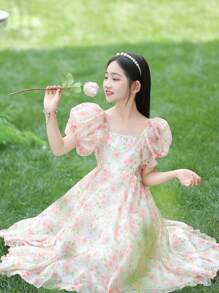 女童碎花裙公主裙海边超美儿童裙子时尚长裙沙滩裙，裙子非常高贵典雅，穿上它回头率超高 - 粉色 - 查看 10