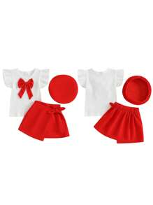 Conjunto de 3 piezas para niña pequeña: blusa de mangas abullonadas con lazo grande, minifalda y boina para el verano - Rojo - Ver 10