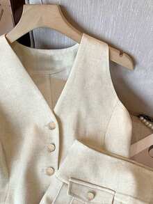 Bộ áo vest blazer thanh lịch kiểu dáng ngàn đồng xu và chân váy xếp ly chữ A cho nữ mùa xuân/hè - Màu be - Xem 5