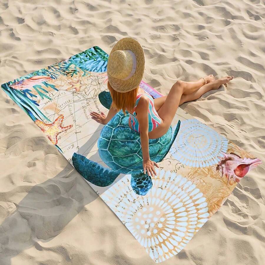 超大海龟沙滩巾、快干沙滩毯、柔软超细纤维海洋动物印花，适合游泳、旅行、锻炼和瑜伽 - 彩色 - 查看 1