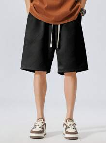 Plus Size Jacquard Weave Loose Fitting Bermuda Shorts, Casual Sports Style, Suitable For Summer - Black - View 5