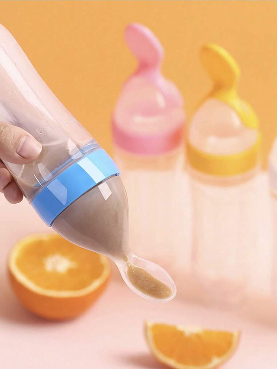 90ml/3oz Pink Silicone Squeeze Feeding Bottle With Spoon And Suction Base, Baby Spoon Feeder, Milk Powder Dispenser - Pink - View 1