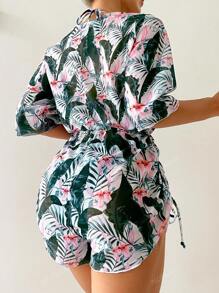 3pcs Tropical Plant Print Triangle Bikini Set With Halter Neck Tie, Sexy Split Swimsuit And Beach Cover-Up Sarong Dress For Women