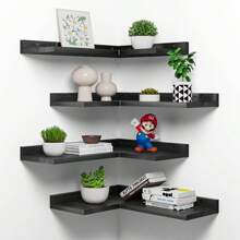 4-Tier Corner Floating Shelves, Rustic Pine Corner Shelves Wall Mounted, L-Shaped Floating Corner Shelves For Wall Storage, Creative Corner Wall Shelves For Bedroom,Bathroom&Any Room-Black