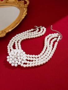2 pièces Collier de mode de mariée, Bracelet, Perle Fausse Multi-Couche, Ras-du-cou Perlé Français, Chaîne de Clavicule, Ensemble d'Accessoires de Mariage et de Fête