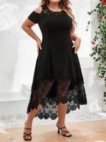 Big Ladies Spring And Summer Plus Size Dress With Ruffles, Color Clashing Lace Splicing And Cold Shoulder Design, Medium Stretch Comfortable Asymmetric Hemline - màu đen - Xem 4