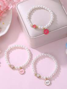3pcs/Set Best Friends & Sisters Pearl Bracelet Set, BFF Bow & Heart Bracelet Set - Multicolor - View 5