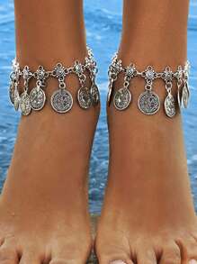 1pc Fashionable High-End Boho Chain Anklet With Tassels & Coin Decor, Versatile For Any Occasion, Great Gift - Antique Silver - View 2