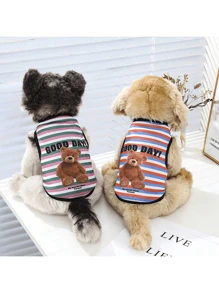 条纹卡通印花宠物背心衬衫，透气狗/猫衣服薄款无袖背心 - 藍色 - 查看 3