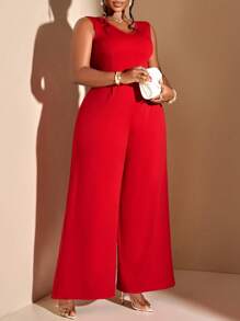 Whisplicity 大码优雅通勤纯色V领蝴蝶结装饰无袖连体裤