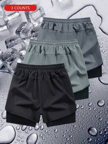 3pcs Men's 2 In 1 Casual Sports Fitness Shorts, Designed With Simulated Two Pieces Style, Towel Holder At The Back. The Fabric Keeps You Cool And Comfortable, Not Stuffy. These Shorts Are Suitable For Hiking, Climbing, Outdoor Cycling, Running And Fitness Exercises.