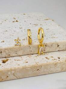 3pcs Zirconia Stud Earrings Set, 14K Gold Plated Zirconia Classic Pendant Flower Hoop Earrings, Low Allergy Earrings For Multiple Ear Piercings, Suitable For Daily Wear And Parties