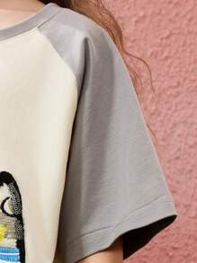 Camiseta de manga corta con estampado de animales y plantas en relieve para niñas preadolescentes - Beis - Ver 11