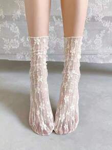 6双蕾丝花彩色网眼纱布，透气清新简约网眼，日式JK甜美卷边中筒袜。