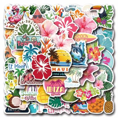 55Pcs Tropical Stickers, Beach Island Life Stickers, Vinyl Decals, Laptop Cup Stickers, Gift & Party Favor Stickers For , Planner, Skateboard
