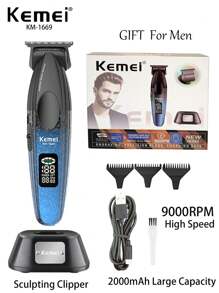 Kemei KM-1669 New Hair Trimmer Professional Electric T-Blade Clipper With Charging Base Type-C 9000RPM High Speed 0mm Zero Gaped Carving Clipper For Men Beard Hair Trimmer Barber Use Men's Birthday Gift For Men