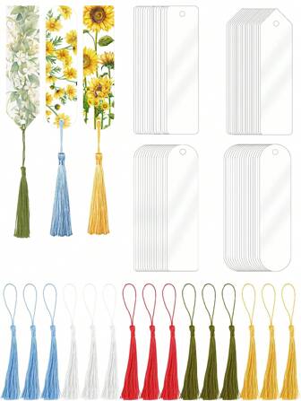 15 件/30 件透明空白亚克力彩色流苏书签，带 15 件/30 件迷你书签流苏，适用于 DIY 项目和毕业礼物标签，4 种形状可选，学校用品，返校