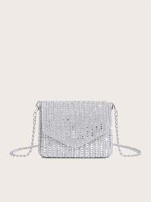 Rhinestone Embellished Mini Square Bag 2024, Fashionable Chain Shoulder Crossbody Bag For Women, Clutch For Party, Wedding, Ball, Silver