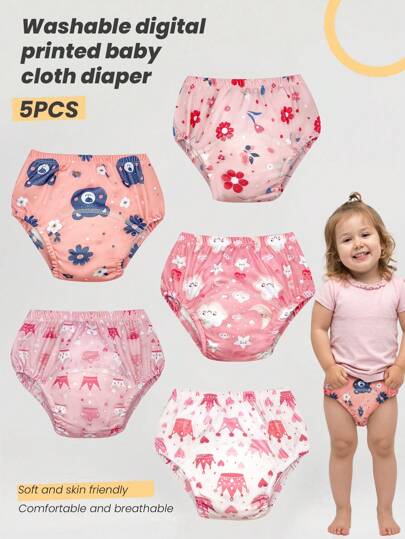 5pcs Baby Reusable Digital Printed Potty Training Pants, Unisex Infant Toddler Washable Learning Underwear