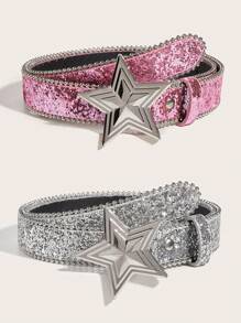 Star Snap Buckle Belt, Personalized Sequin Decor Waist Belt, Versatile Jeans Design, Fashion Accessory For Boy And Girl - one-size - View 1