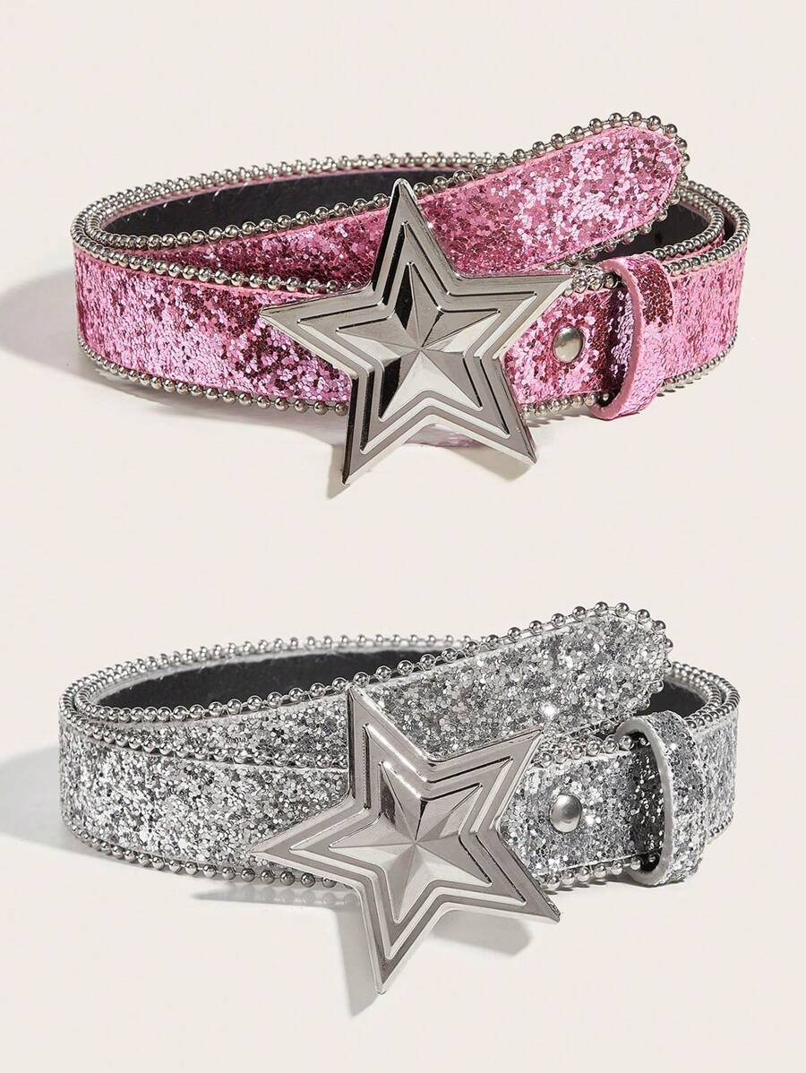 Star Snap Buckle Belt, Personalized Sequin Decor Waist Belt, Versatile Jeans Design, Fashion Accessory For Boy And Girl - one-size - View 1