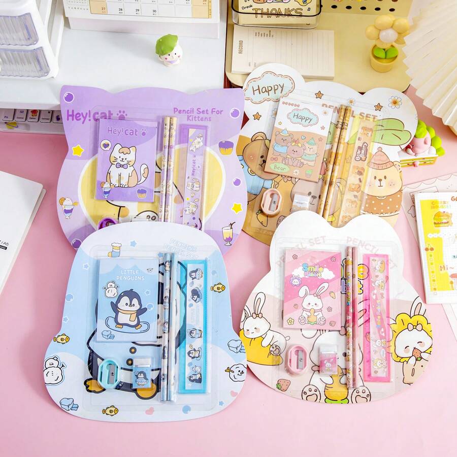1/4pcs Cartoon Style 6-In-1 Stationery Set, Adorable Animal Themed Multi-Function Writing Supplies (2 Pencils, Ruler, Pencil Sharpener, Eraser, Notebook), Cute Animal Inspired Stationery Set, Versatile Gift, School Supplies, Gift For Friends, Family