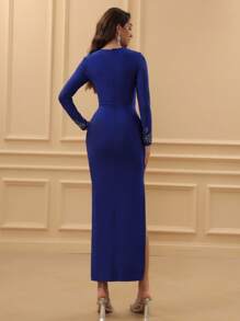 Love Aing Women's Navy Blue Long Sleeve Split Rhinestone Floral Pattern Banquet Luxury Evening Gown, Elegant Glamorous Party Wedding Guest Fashion Dress - Blue - View 7