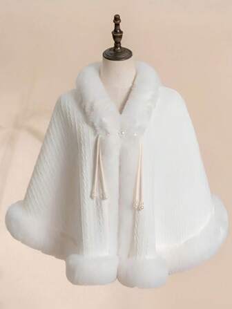 1pc Retro Solid Color Shawl, Cloak Poncho Jacket With Faux Pearl Buttons And Fluffy Trim, Thick Warm Lining, Suitable For Qipao, Evening Dress, Versatile Outerwear For Spring, Autumn, Winter