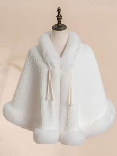 1 件复古纯色披肩，斗篷斗篷夹克，配有仿珍珠纽扣和蓬松饰边，厚实保暖衬里，适合旗袍、晚礼服、春秋冬百搭外套