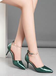 尖头高跟鞋，细跟，系带设计，人造珍珠和水钻装饰，一脚蹬