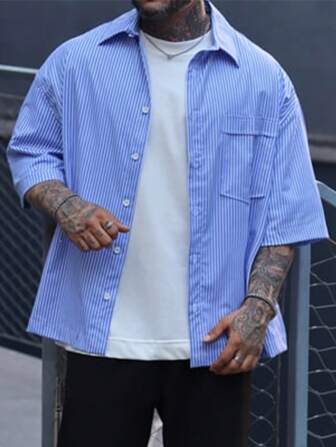 男士条纹短袖领衬衫，夏季口袋工作服休闲衬衫