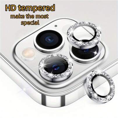 白色 - IP-Hone 16 Pro/IP-Hone 16 Pro Max 相机镜头盒，带闪光彩色金属环装饰 - 钢化玻璃屏幕保护膜