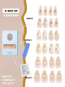 24-Piece French Almond Shaped False Nails Decorative Nail Stickers With 3D Crystal Heart, Hexagon Star, Rhinestone, Gem Marble Design, Jelly Glue & Nail File For Daily, Shopping, Tea Time, Party Press On Nails Nail Supplies Nails - Multicolor - View 2