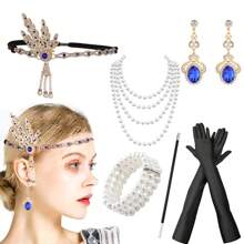 1920 年代女士派对化妆球羽毛头饰、耳环、优雅复古性感高端头饰、手套、手镯、烟嘴、6 件派对套装 - 寶藍色 - 查看 7