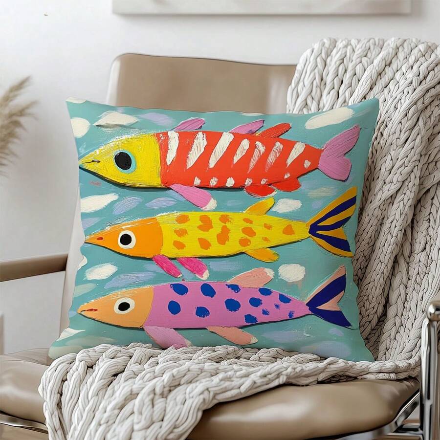 1件夏季涂鸦彩色鱼装饰枕套，单面印花，柔软桃皮绒面料，45*45厘米/50*50厘米/40*40厘米靠垫套，适用于现代布艺沙发室内装饰、派对装饰、礼品 - 彩色 - 查看 1