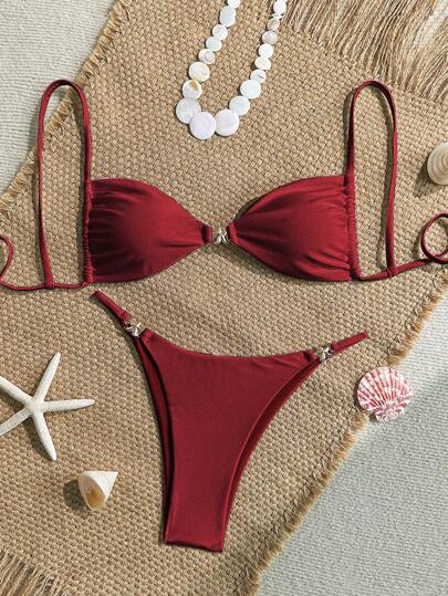 Women's Sexy Bikini Two Pieces Set Is Okay. Accessories Have A Glossy Texture And Special Fabric
