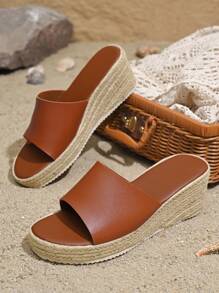Women's Vacation Platform Sandals, Single Strap, Straw Sole, Wedge Heel, Wide Fit