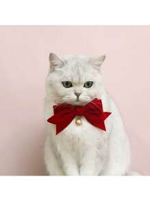 Valentine's Day Pet Cat Teddy Bear Dog Bow Tie Bell Velvet Adjustable Simulated Choker Collar, Pet Cat Dog Birthday New Year Velvet Big Bow Bell Adjustable Necklace Pink Bow Tie Collar Gift, For Cat/Dog