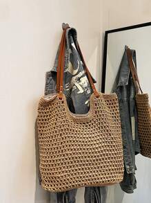 Yogodlns Nuevas bolsas de mano totes con diseño calado para mujer, de gran capacidad, tejidas de paja, bolso de hombro estilo vintage para viajes y playa, bolsa de compras