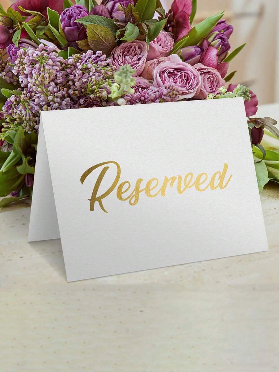 Tarjetas de reserva con estampado de lámina minimalista blanca para bodas, fiestas, restaurantes - Señal de reserva de mesa y sillas con doble cara en color dorado - Tarjetas de reserva de mesa de papel blanco - Accesorios para bodas - Tarjetas de eventos